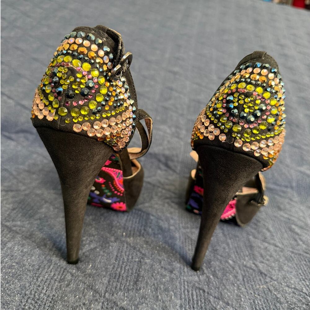 Betsey Johnson Black Rhinestone Peep Toe Platform Stiletto Heels 6.5